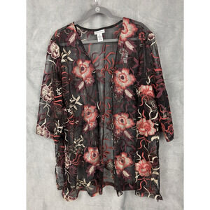 Catherines Open Front Kimono Mesh Embroidered Womens 3X Floral Artsy Boho
